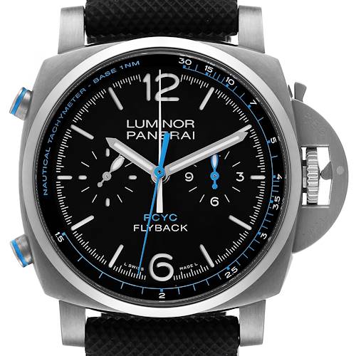 The image shows a front view of the Panerai Luminor PAM00764 Men's Stainless Steel Black Dial PAM00764 Men's Stainless Steel Black Dial Flyback chronograph watch, highlighting its dial, hands, and crown guard.