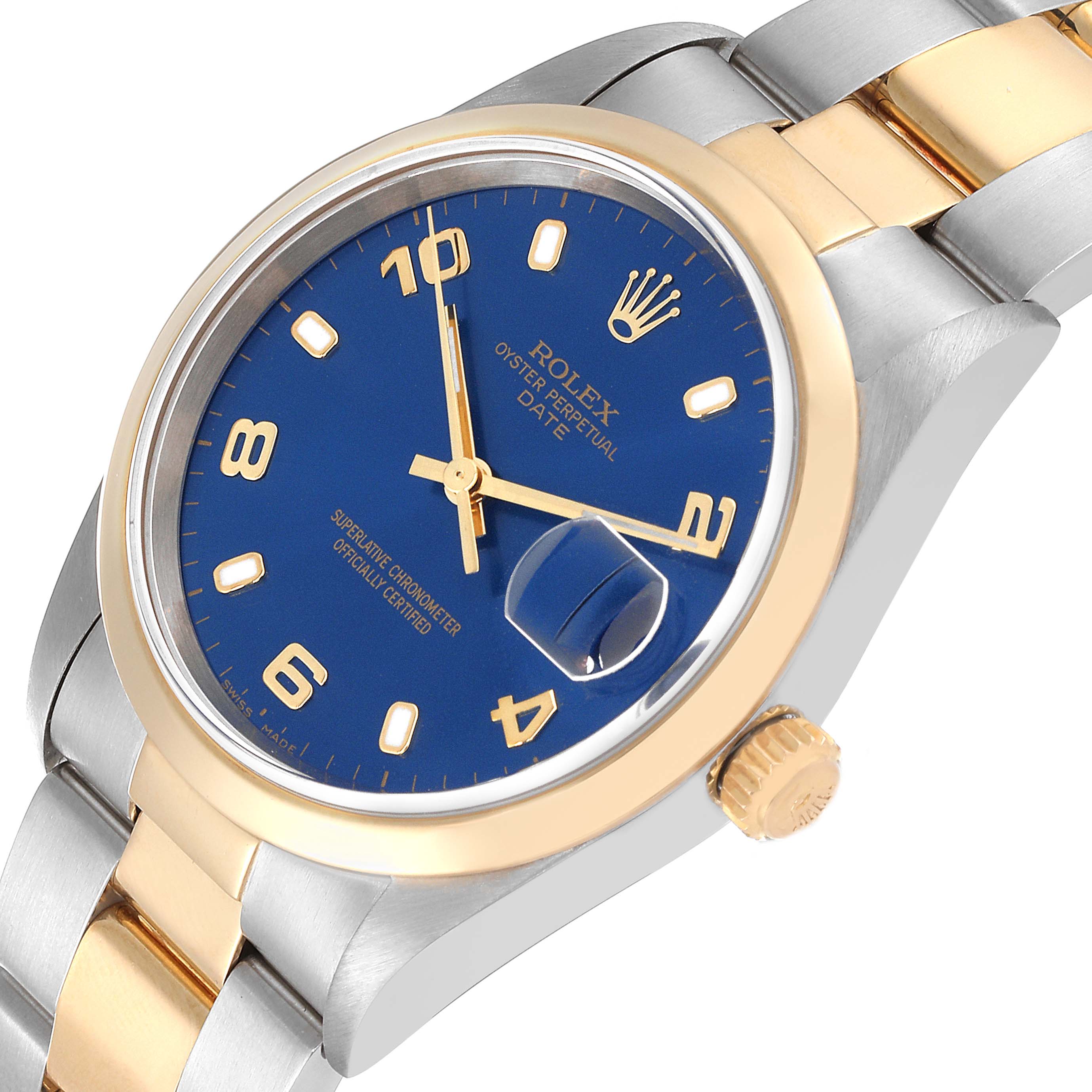 The image shows a Rolex Date 15203 Men's Steel and Gold (two tone) Blue Dial 15203 Men's Steel and Gold (two tone) Blue Dial model watch angled slightly to the right, highlighting the dial, bezel, crown, and part of the bracelet.