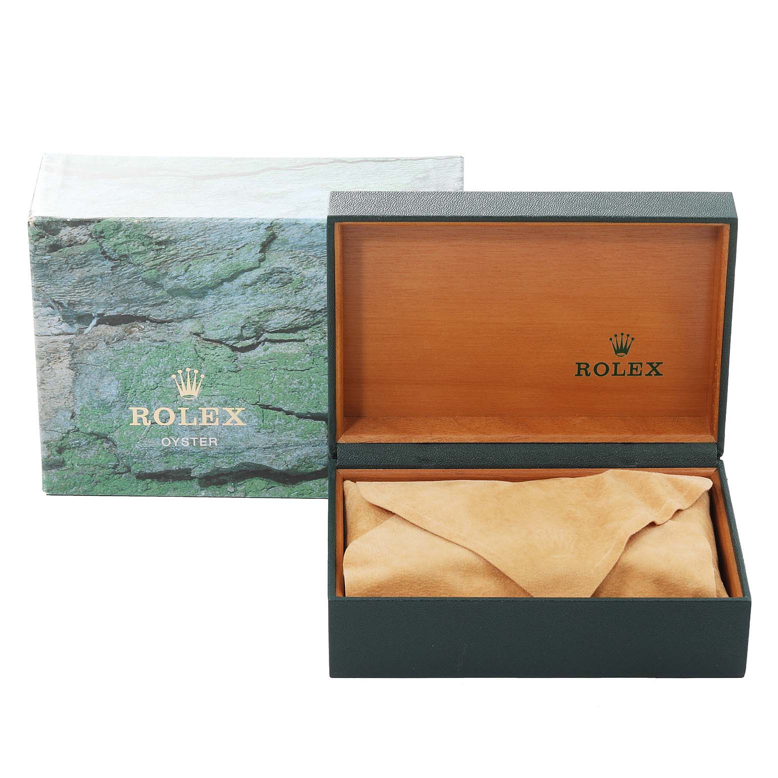 This image shows an open Rolex Date 15203 Men's Steel and Gold (two tone) Blue Dial 15203 Men's Steel and Gold (two tone) Blue Dial model watch box, featuring a green outer box and a wooden interior with a cloth inside.