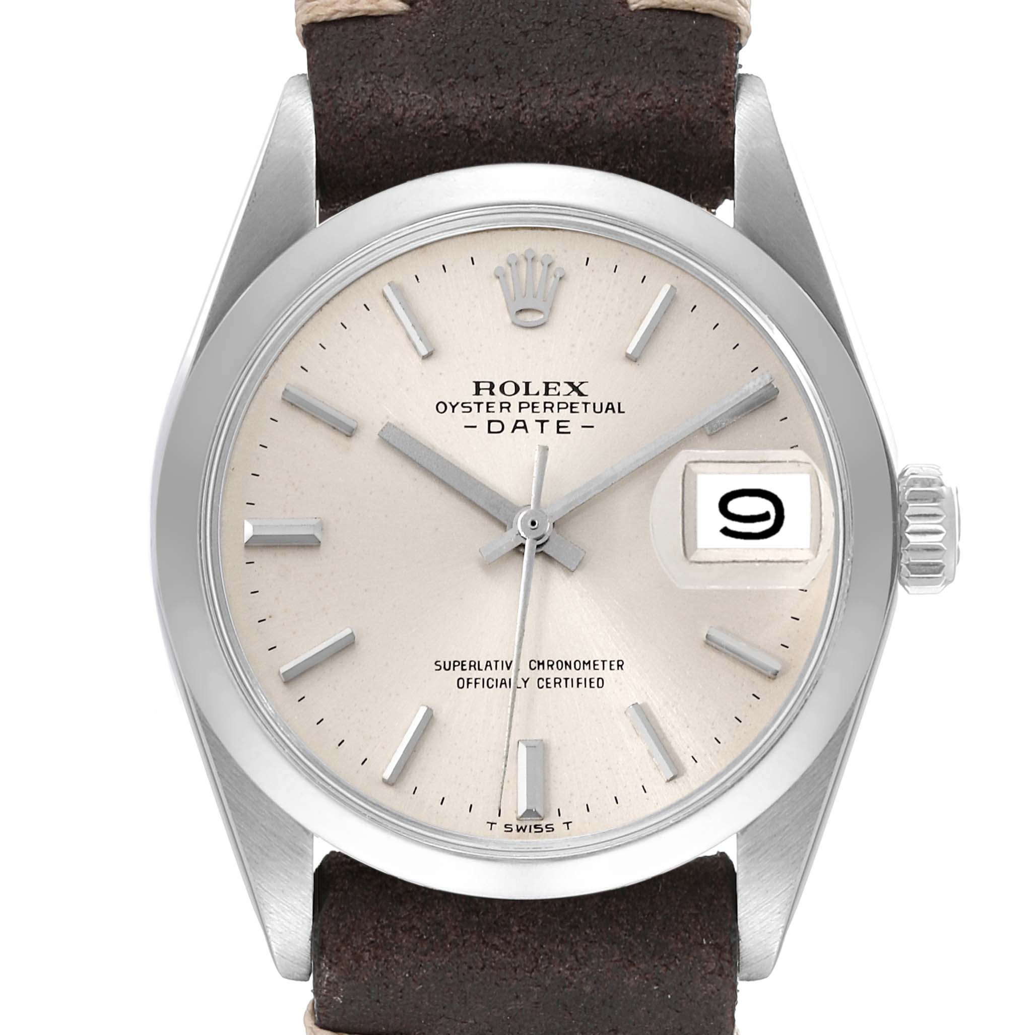 This image shows a front view of a Rolex Date 1500 Men's Stainless Steel Silver Dial 1500 Men's Stainless Steel Silver Dial model watch, showcasing the dial and leather strap.