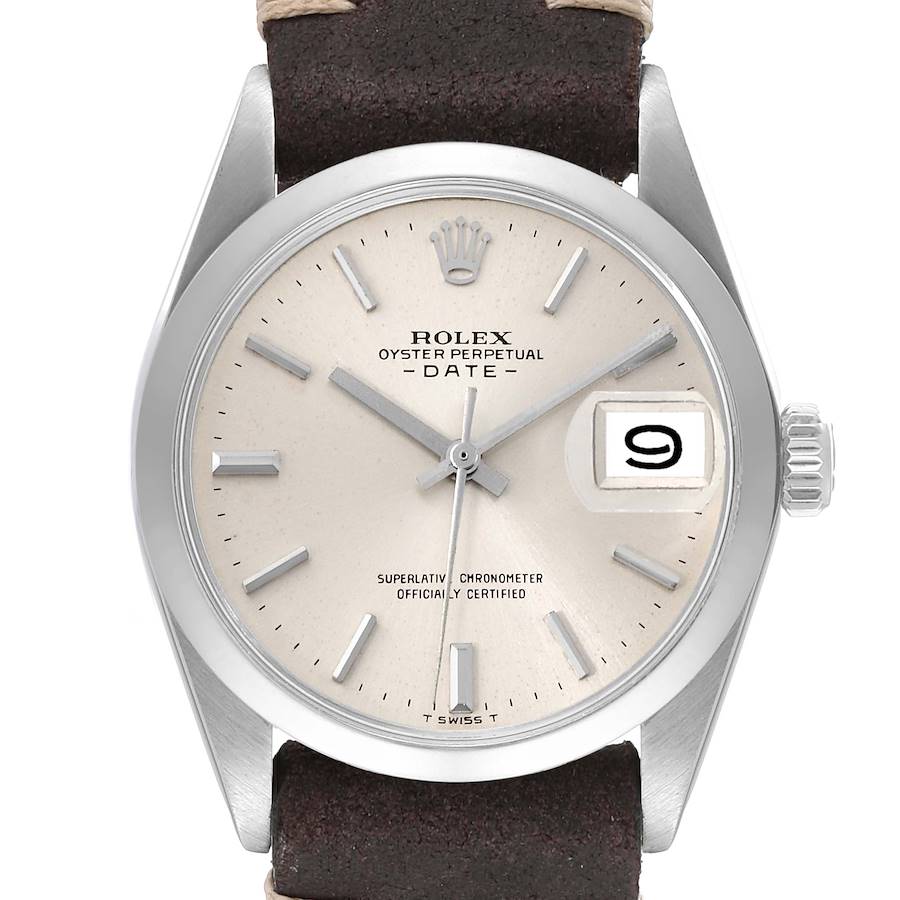 This image shows a front view of a Rolex Date 1500 Men's Stainless Steel Silver Dial 1500 Men's Stainless Steel Silver Dial model watch, showcasing the dial and leather strap.