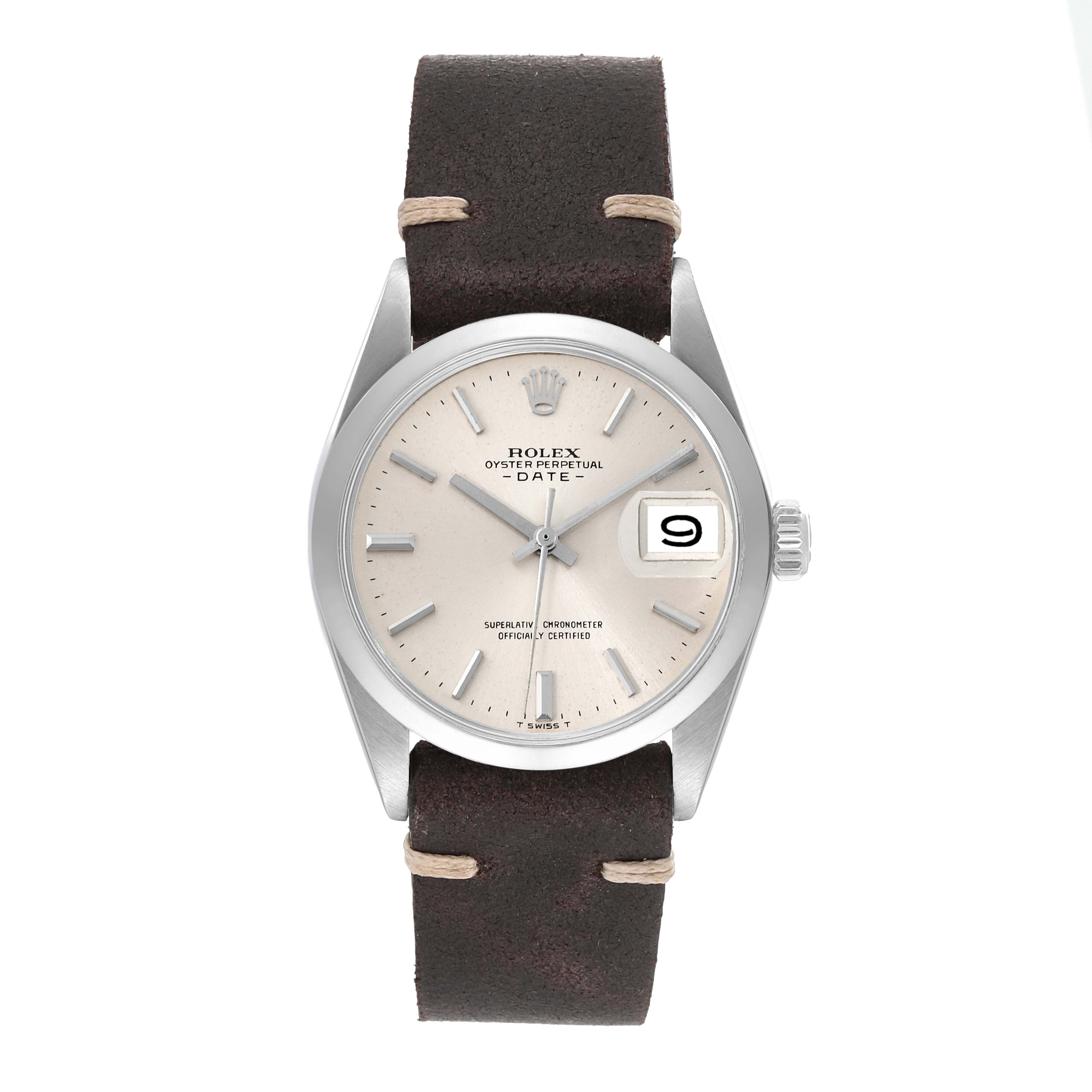 This image shows a front view of the Rolex Oyster Perpetual Date model with a brown leather strap and date display at 3 o'clock.