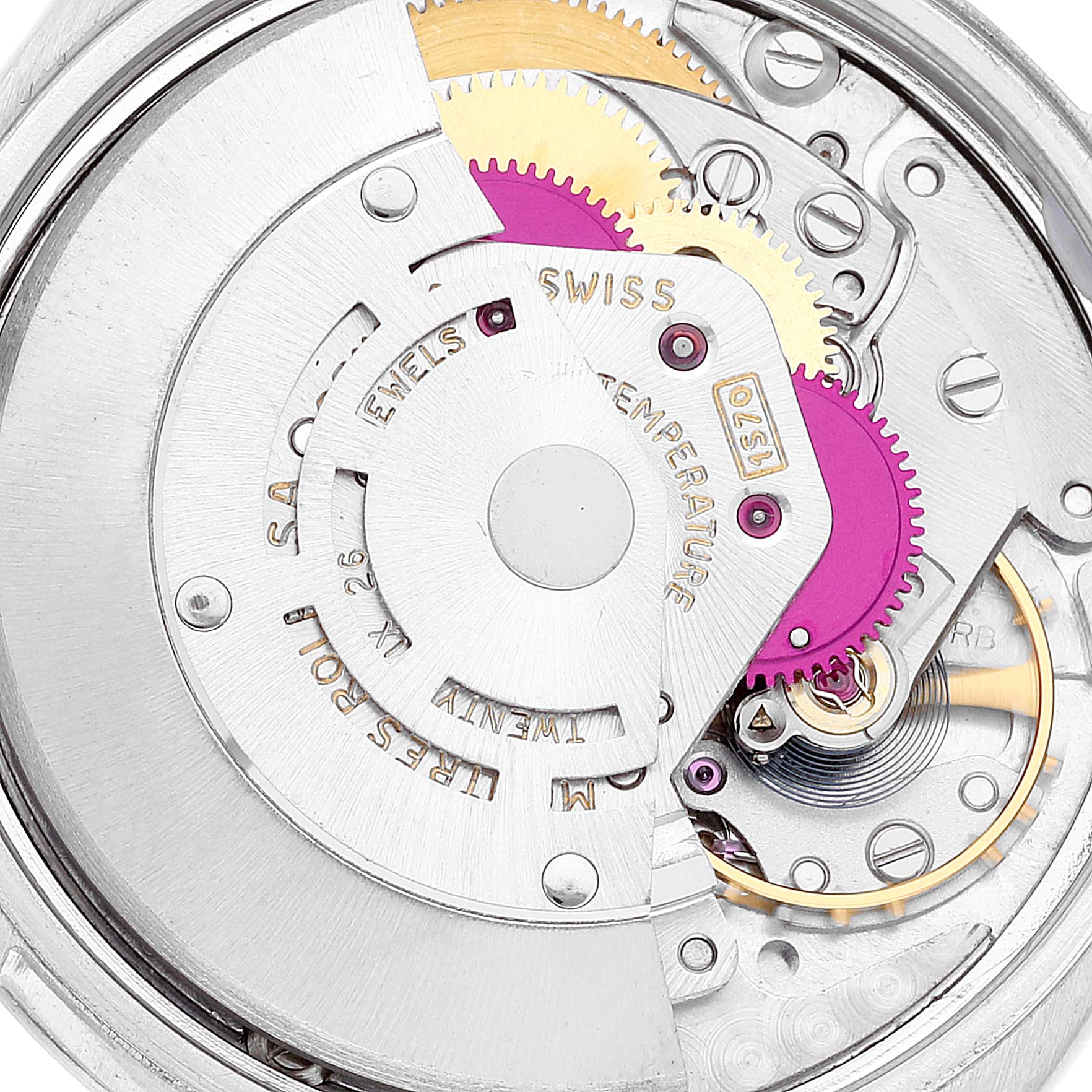 The image shows the inner mechanical movement of a Rolex Date 1500 Men's Stainless Steel Silver Dial 1500 Men's Stainless Steel Silver Dial model watch, highlighting various gears and components.