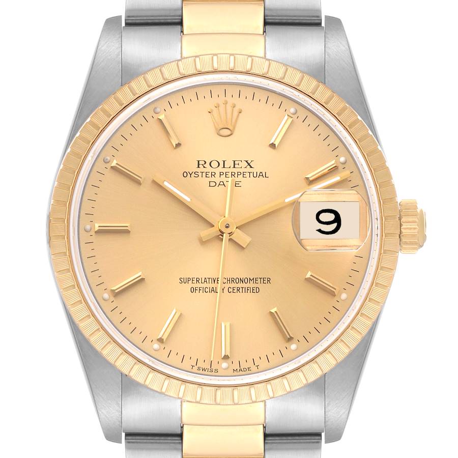 This image shows a front view of a Rolex Date 15223 Men's Steel and Gold (two tone) Champagne Dial 15223 Men's Steel and Gold (two tone) Champagne Dial model, highlighting the dial, bezel, crown, and part of the bracelet.