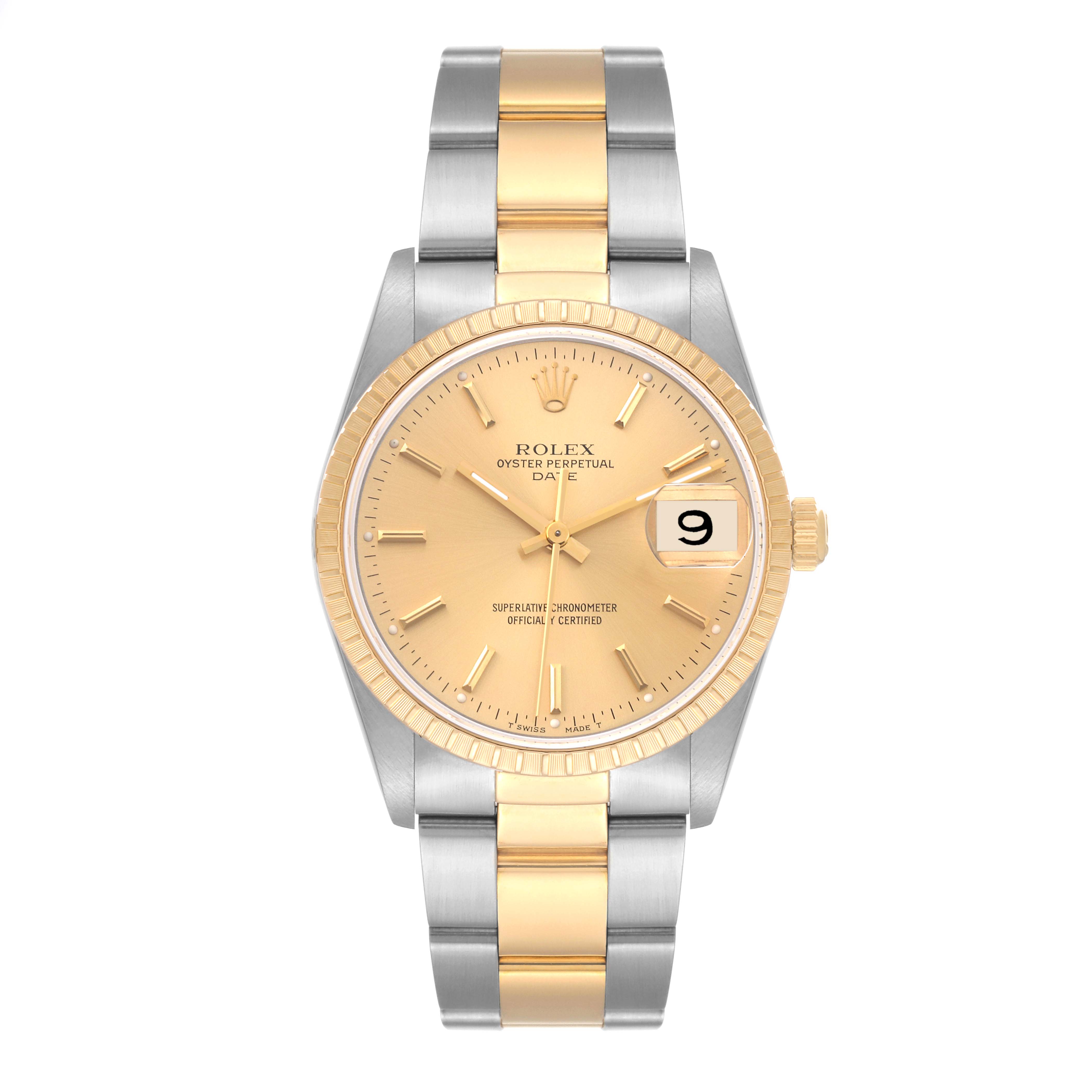 The image shows a Rolex Oyster Perpetual Date watch, viewed from the front, featuring a gold dial and two-tone bracelet.