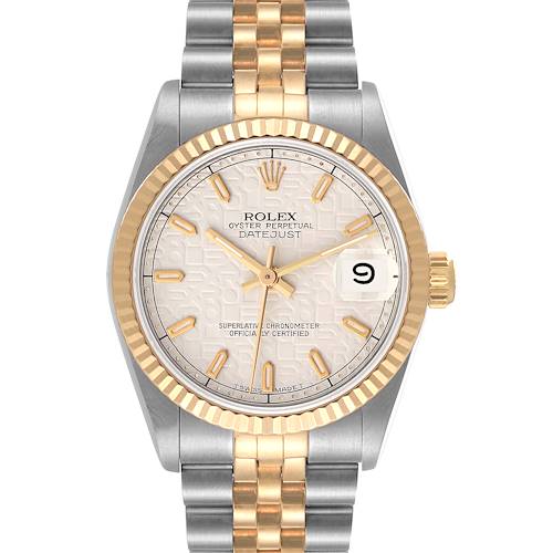 The image shows a front view of a Rolex Oyster Perpetual Datejust Mid-Size watch, highlighting its dial, bezel, and bracelet.