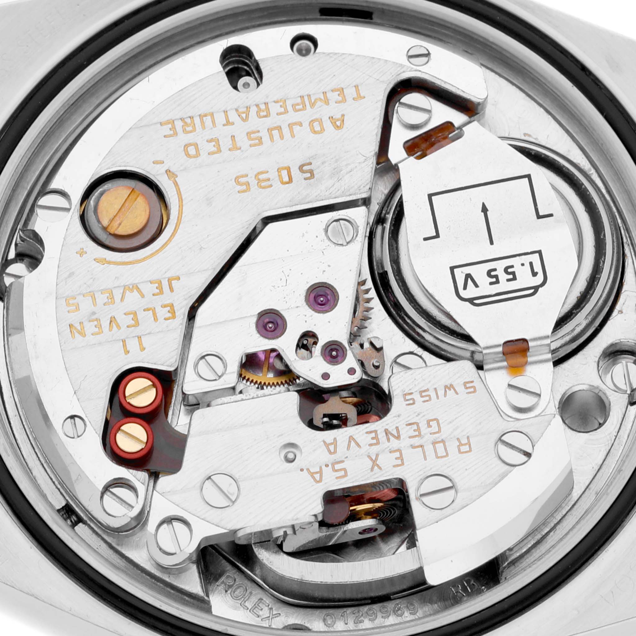 This image shows the back view of the Rolex Oysterquartz 17014 Men's Stainless Steel Grey Dial 17014 Men's Stainless Steel Grey Dial watch, highlighting the internal mechanics and movement components.