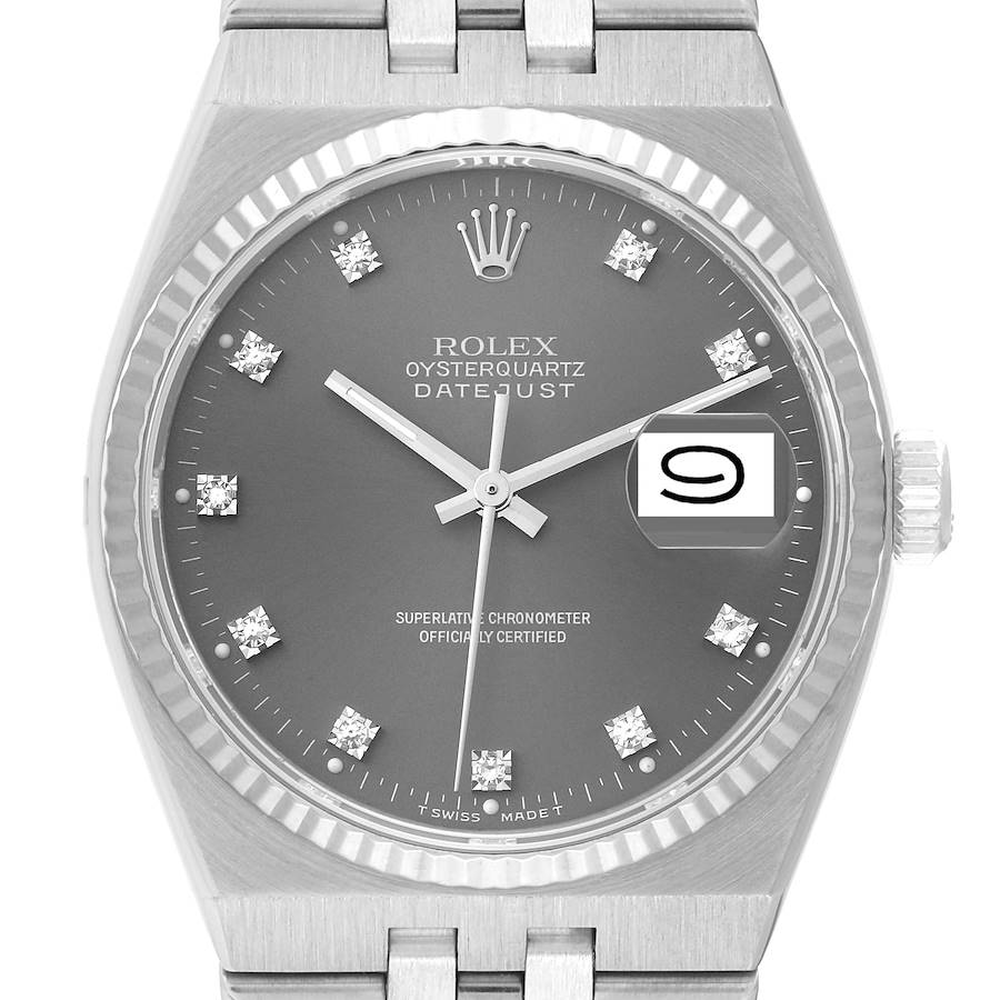 The image shows a front view of the Rolex Oysterquartz 17014 Men's Stainless Steel Grey Dial 17014 Men's Stainless Steel Grey Dial Datejust watch, focusing on its dial, hands, bezel, and part of the bracelet.