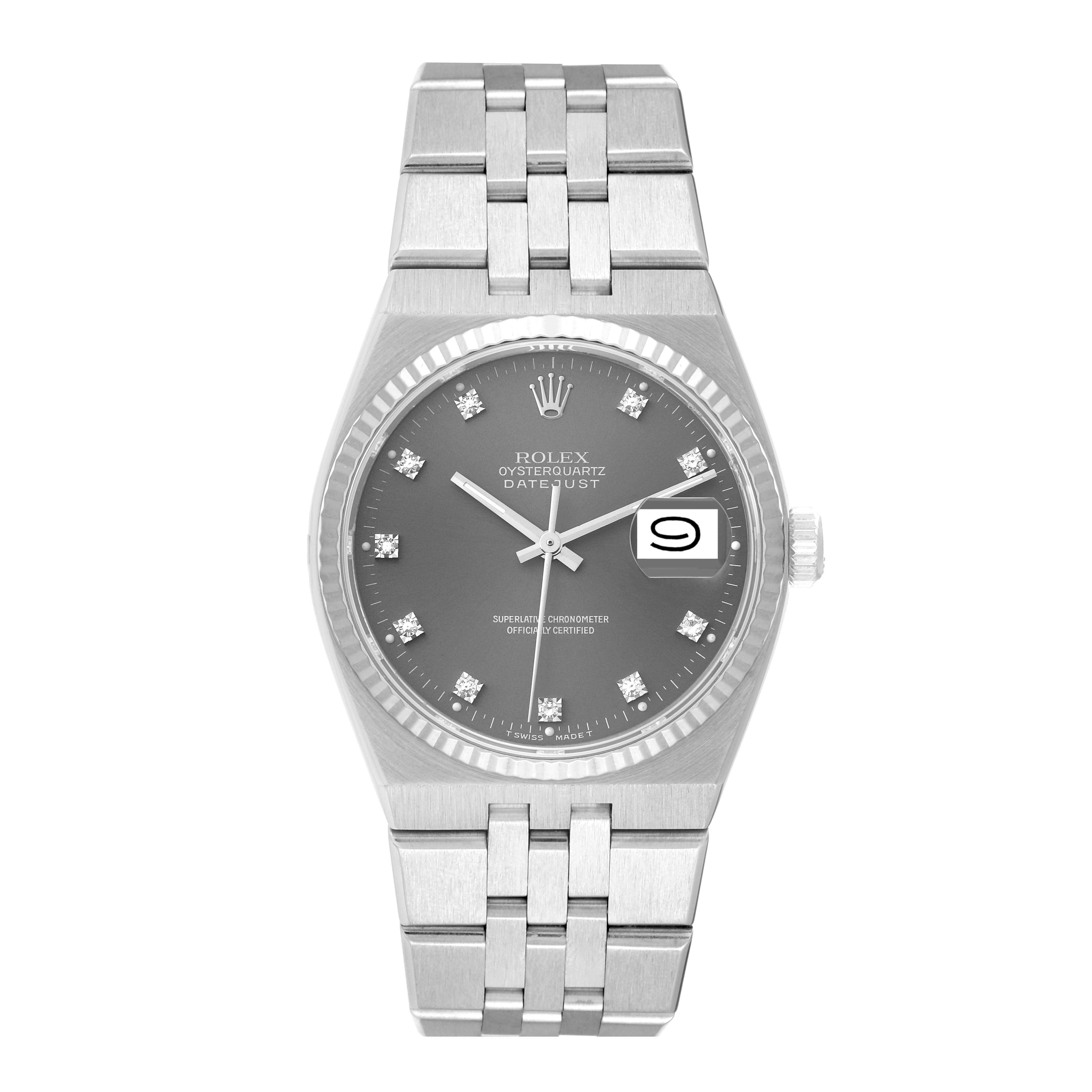 The Rolex Oysterquartz 17014 Men's Stainless Steel Grey Dial 17014 Men's Stainless Steel Grey Dial watch is shown from a top-down angle, displaying its face, bezel, and stainless steel bracelet.
