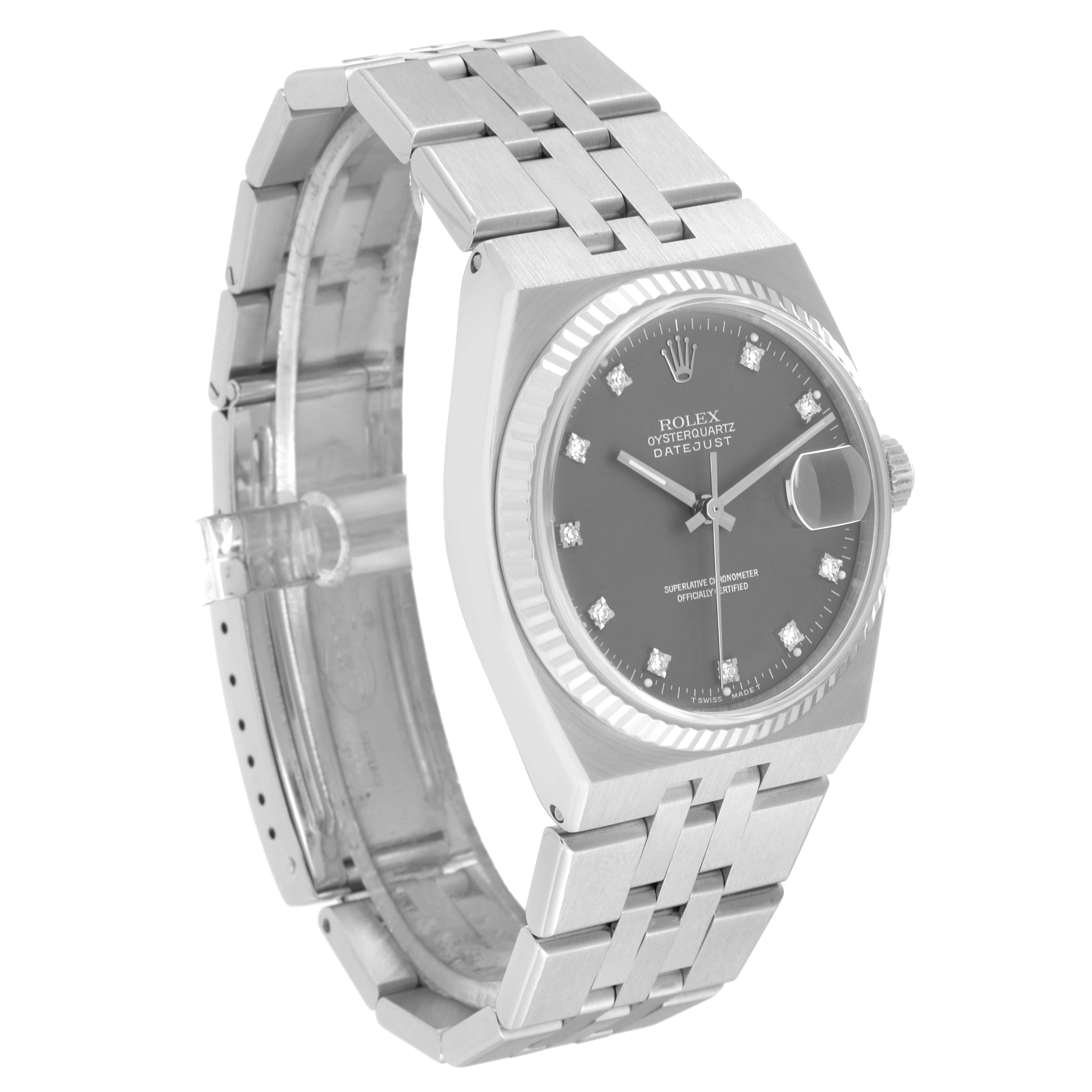 The Rolex Oysterquartz 17014 Men's Stainless Steel Grey Dial 17014 Men's Stainless Steel Grey Dial watch is shown at a front-left angle, highlighting its face, bezel, and bracelet.