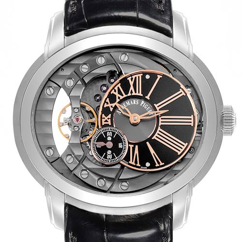 The image shows a frontal view of an Audemars Piguet Millenary 15350ST.OO.D002CR.01 Men's Stainless Steel Transparent Dial 15350ST.OO.D002CR.01 Men's Stainless Steel Transparent Dial watch, highlighting its open-heart design and Roman numeral dial.