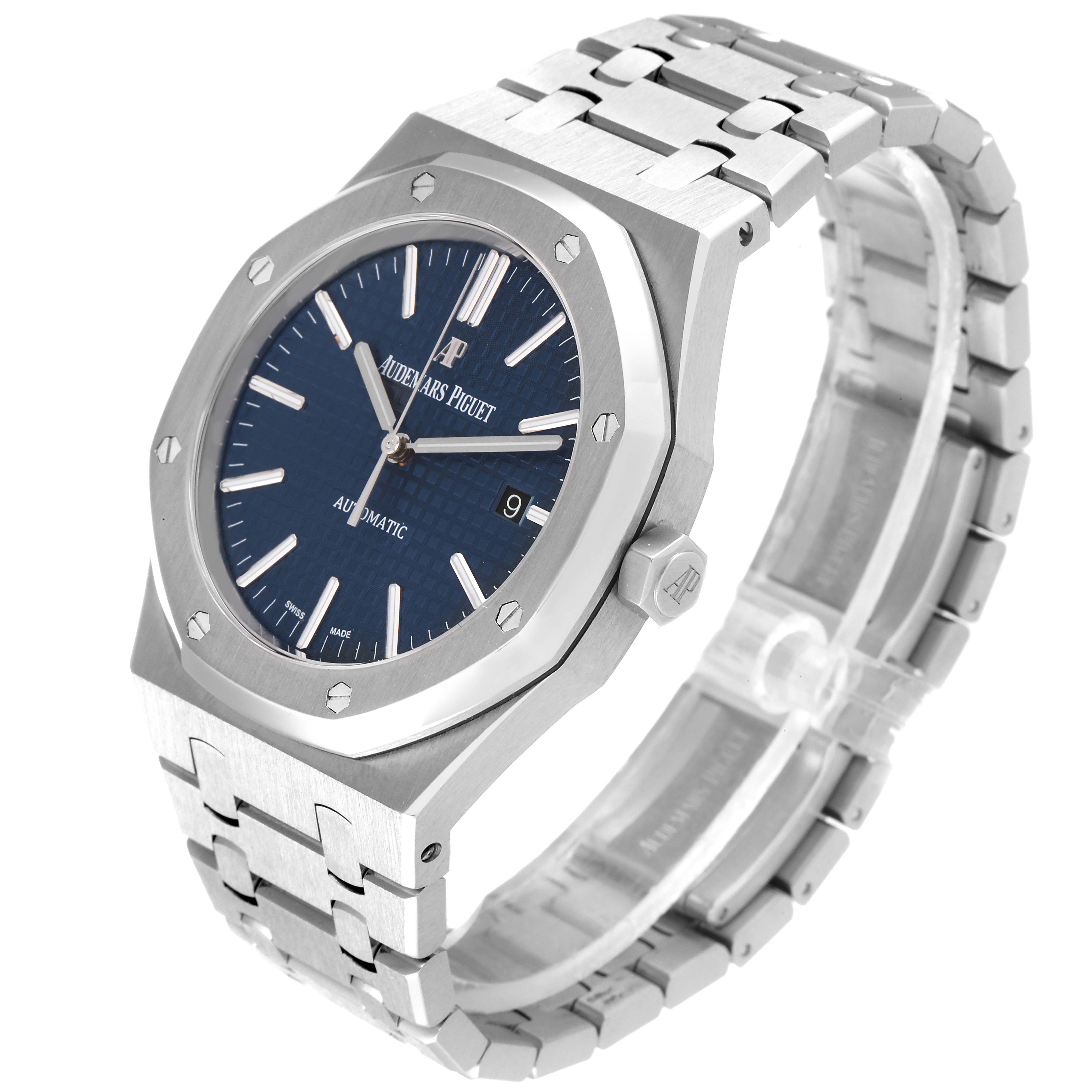This image depicts an angled side and front view of an Audemars Piguet Royal Oak 15400ST.OO.1220ST.03 Men's Stainless Steel Blue Dial 15400ST.OO.1220ST.03 Men's Stainless Steel Blue Dial watch, showcasing its blue dial, octagonal bezel, and bracelet.