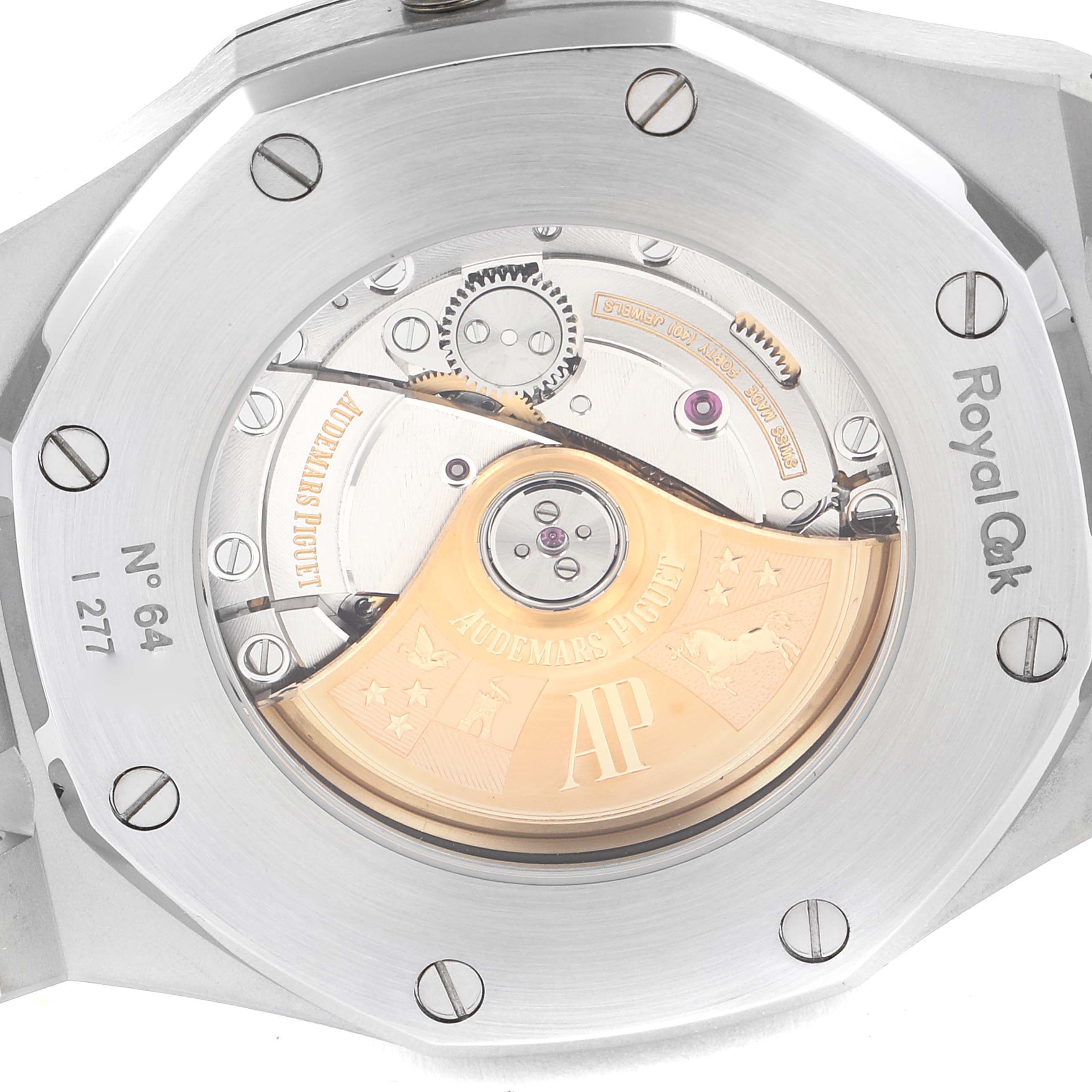 This image shows the back case and movement details of a Royal Oak model by Audemars Piguet.