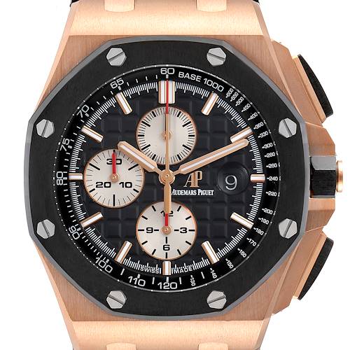 The image shows a close-up of the dial and bezel of the Audemars Piguet Royal Oak Offshore 26401RO.OO.A002.CA.01 Men's Rose Gold Black Dial 26401RO.OO.A002.CA.01 Men's Rose Gold Black Dial watch.