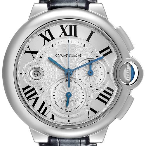 The Cartier Ballon Bleu W6920003 Men's Stainless Steel Silver Dial W6920003 Men's Stainless Steel Silver Dial watch is shown from the front, highlighting its dial, blue hands, Roman numerals, and signature crown.