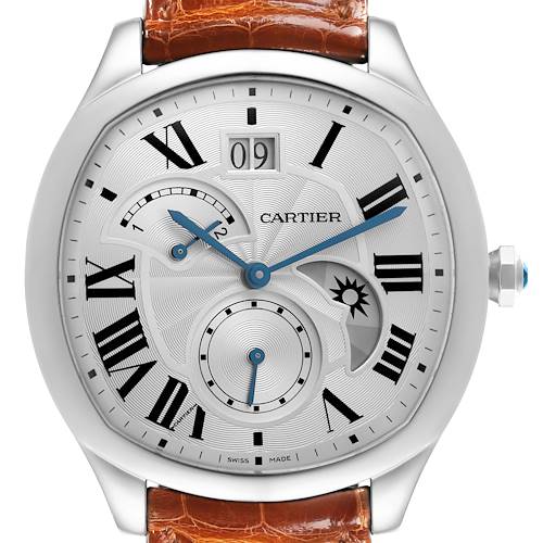 The image shows a frontal view of the Drive de Cartier watch by Cartier, featuring its dial, hands, and strap attachment.