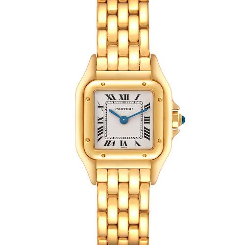 The Cartier Panthere W25022B9 Women's Yellow Gold Silver Dial W25022B9 Women's Yellow Gold Silver Dial watch is shown from a direct front angle, highlighting its gold case, Roman numeral dial, and linked bracelet.