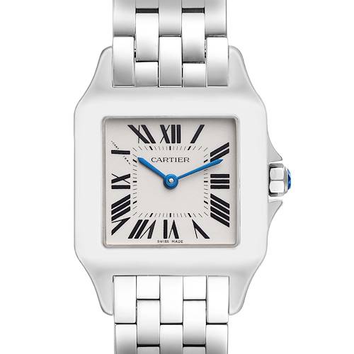 The Cartier Santos Demoiselle W25065Z5 Women's Stainless Steel Silver Dial W25065Z5 Women's Stainless Steel Silver Dial watch is shown at a straight-on angle, displaying its square face, Roman numerals, and attached bracelet.