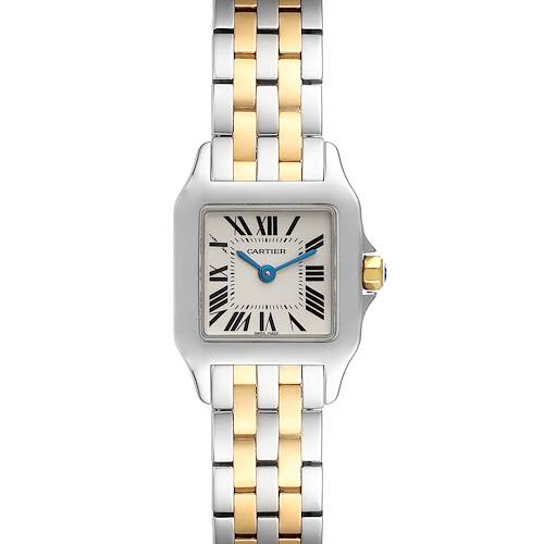 The image shows a top-down view of a Cartier Santos Demoiselle W25066Z6 Women's Stainless Steel Silver Dial W25066Z6 Women's Stainless Steel Silver Dial watch, highlighting its dial and two-tone bracelet.
