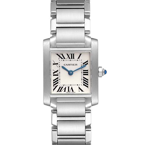 This image shows a front view of the Cartier Tank Francaise W51008Q3 Women's Stainless Steel Silver Dial W51008Q3 Women's Stainless Steel Silver Dial watch, featuring the face, bracelet, and crown.