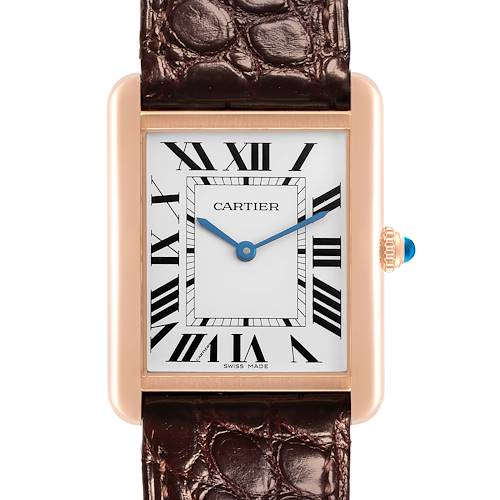 The Cartier Tank Solo W5200025 Men's Steel and Gold (two tone) Silver Dial W5200025 Men's Steel and Gold (two tone) Silver Dial watch is shown from a front angle, highlighting its rectangular face, leather strap, and blue hands.
