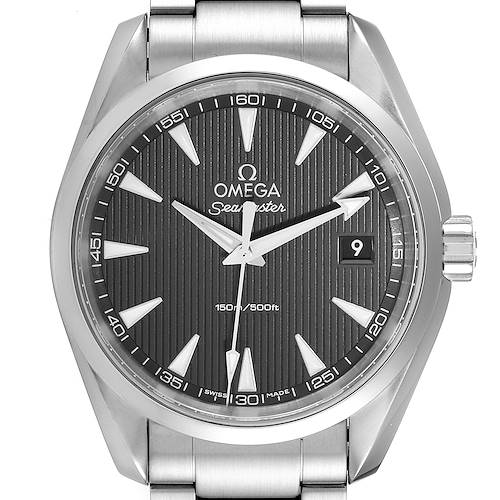 The image shows a front view of the Omega Aqua Terra 231.10.39.60.06.001 Men's Stainless Steel Grey Dial 231.10.39.60.06.001 Men's Stainless Steel Grey Dial watch, highlighting its face, bezel, and part of the band.