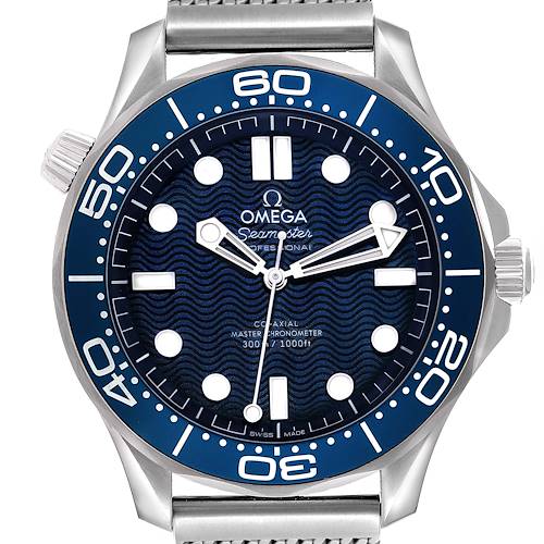 The Omega Seamaster 210.30.42.20.03.002 Men's Stainless Steel Blue Dial 210.30.42.20.03.002 Men's Stainless Steel Blue Dial watch is shown from a front angle, displaying its bezel, dial, hands, and part of the strap.