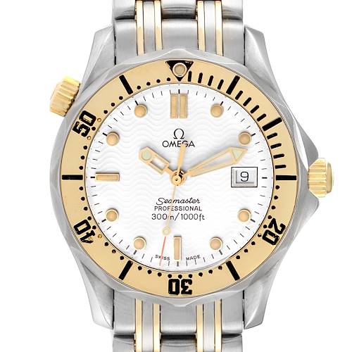 The image shows a front view of an Omega Seamaster 2342.20.00 Men's Steel and Gold (two tone) White Dial 2342.20.00 Men's Steel and Gold (two tone) White Dial watch, highlighting its dial, bezel, crown, and bracelet.