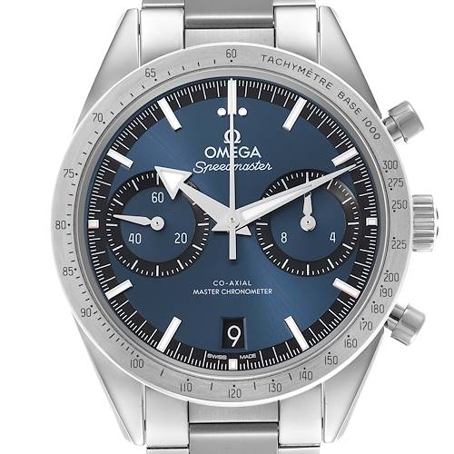 The Omega Speedmaster 332.10.41.51.03.001 Men's Stainless Steel Blue Dial 332.10.41.51.03.001 Men's Stainless Steel Blue Dial watch is shown from a frontal angle, highlighting the dial, subdials, and bezel clearly.