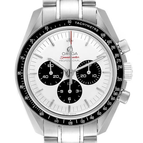 The image shows a frontal view of the Omega Speedmaster 522.30.42.30.04.001 Men's Stainless Steel White Dial 522.30.42.30.04.001 Men's Stainless Steel White Dial watch displaying the dial, subdials, and tachymeter bezel.