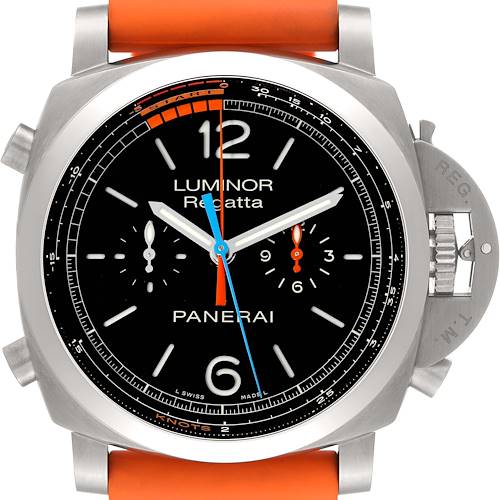 The image shows a front view of the Panerai Luminor PAM00526 Men's Titanium Black Dial PAM00526 Men's Titanium Black Dial Regatta watch, featuring a black dial, orange strap, and prominent crown guard.