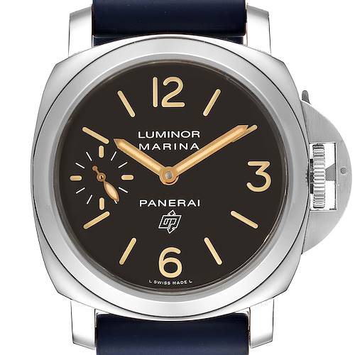 This image shows a front view of the Panerai Luminor PAM00632 Men's Stainless Steel Brown Dial PAM00632 Men's Stainless Steel Brown Dial Marina watch, highlighting the dial, hands, and crown guard.