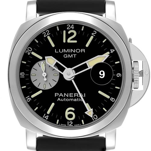 The Panerai Luminor PAM01088 Men's Stainless Steel Black Dial PAM01088 Men's Stainless Steel Black Dial watch is shown from a front angle, highlighting its dial, hands, and crown guard.
