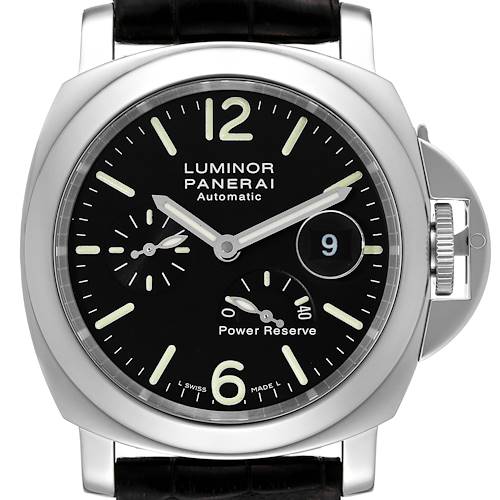 The image shows a Panerai Luminor PAM00090 Men's Stainless Steel Black Dial PAM00090 Men's Stainless Steel Black Dial watch from a front angle, highlighting the dial, hands, date window, and power reserve indicator.