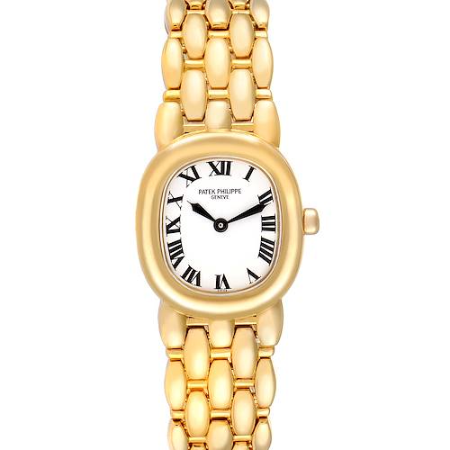 The image shows a full-frontal view of a Patek Philippe Golden Ellipse 4830J Women's Yellow Gold White Dial 4830J Women's Yellow Gold White Dial watch.