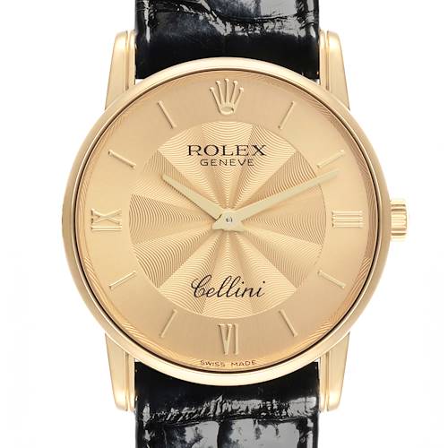 The image shows a front view of the Rolex Cellini 5116/8 Men's Yellow Gold Champagne Dial 5116/8 Men's Yellow Gold Champagne Dial watch, highlighting its golden dial, Roman numerals, and leather strap.