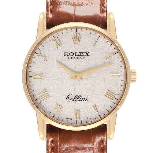 The Rolex Cellini 5116/8 Men's Yellow Gold Beige Dial 5116/8 Men's Yellow Gold Beige Dial watch is shown from a front angle, highlighting its dial, case, hands, and leather strap.