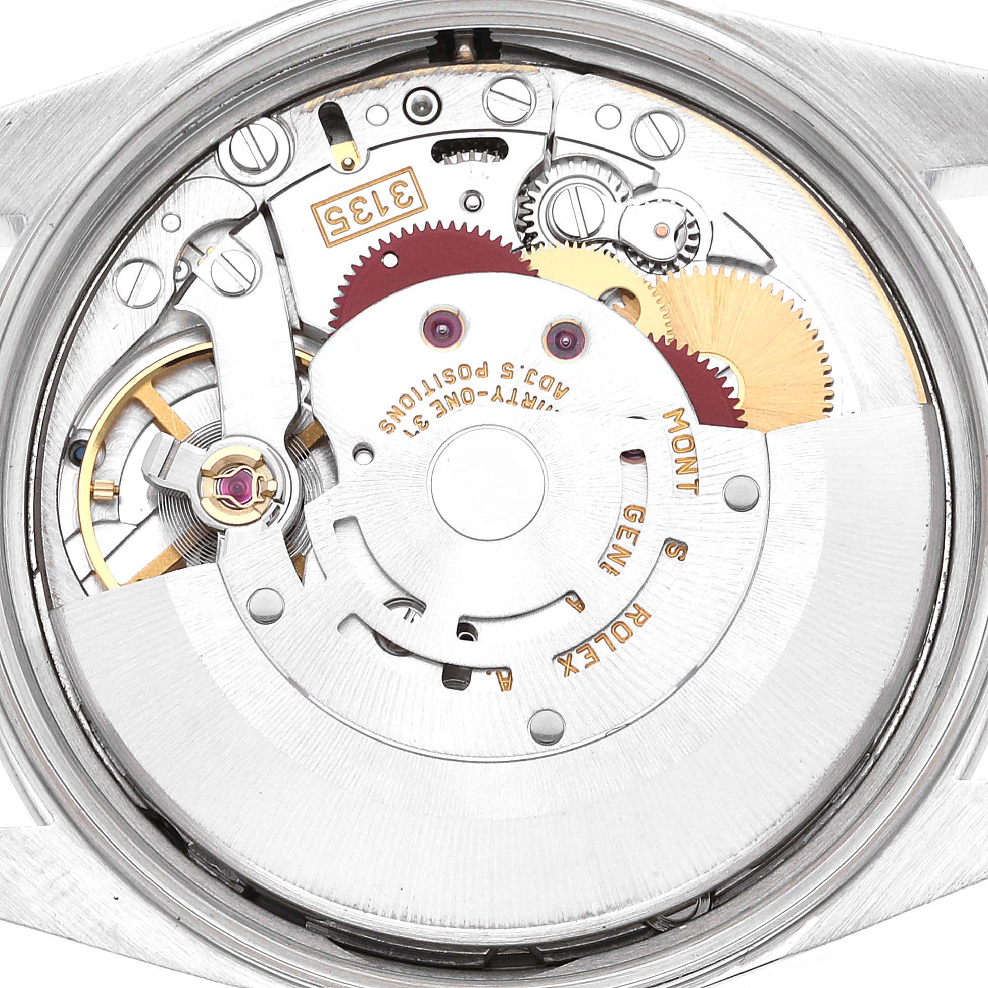 The image shows a close-up view of the internal movement of a Rolex Date 15200 Men's Stainless Steel Black Dial 15200 Men's Stainless Steel Black Dial model watch, highlighting gears and markings.