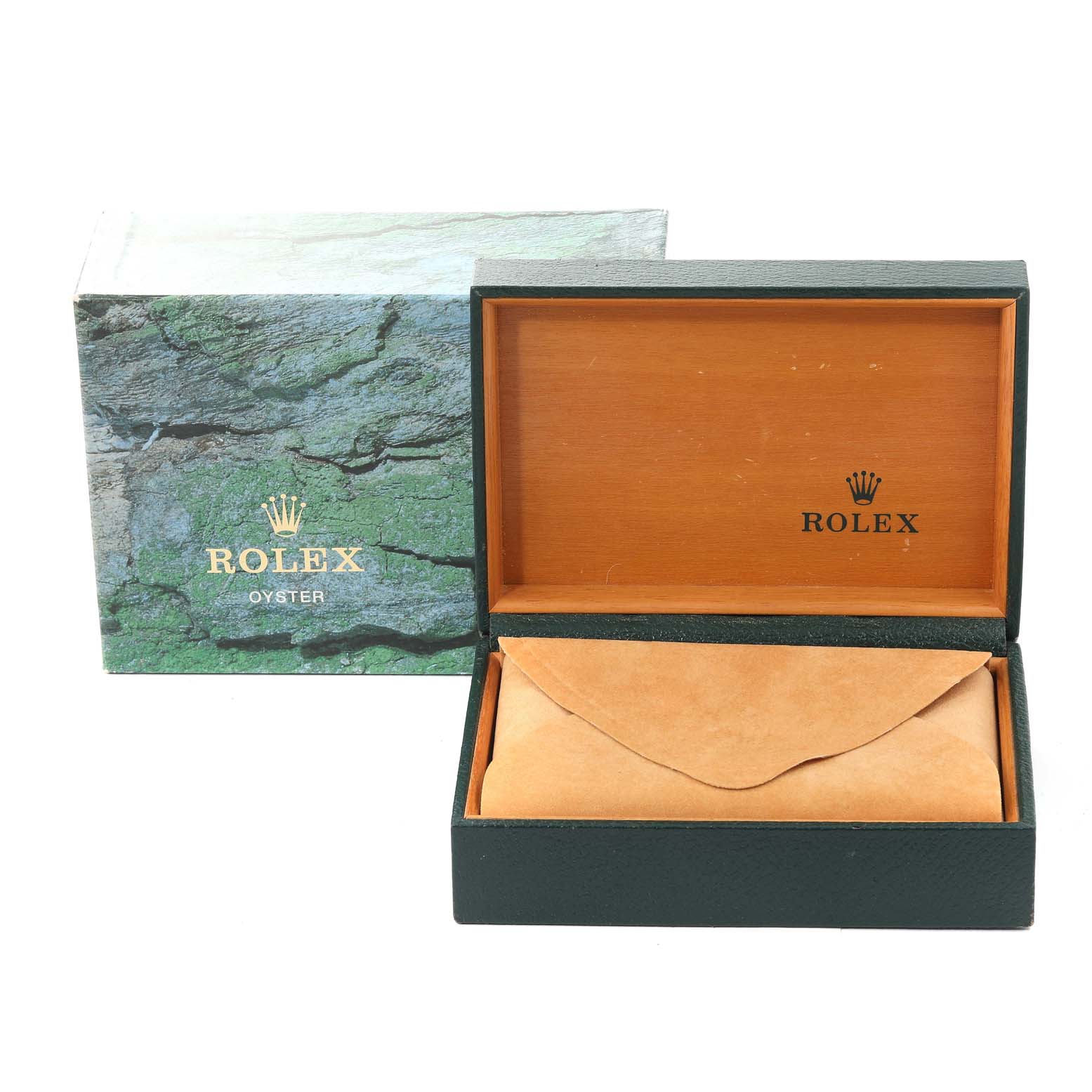 The image shows the open box packaging for a Rolex Date 15200 Men's Stainless Steel Black Dial 15200 Men's Stainless Steel Black Dial model, featuring the inner and outer boxes.