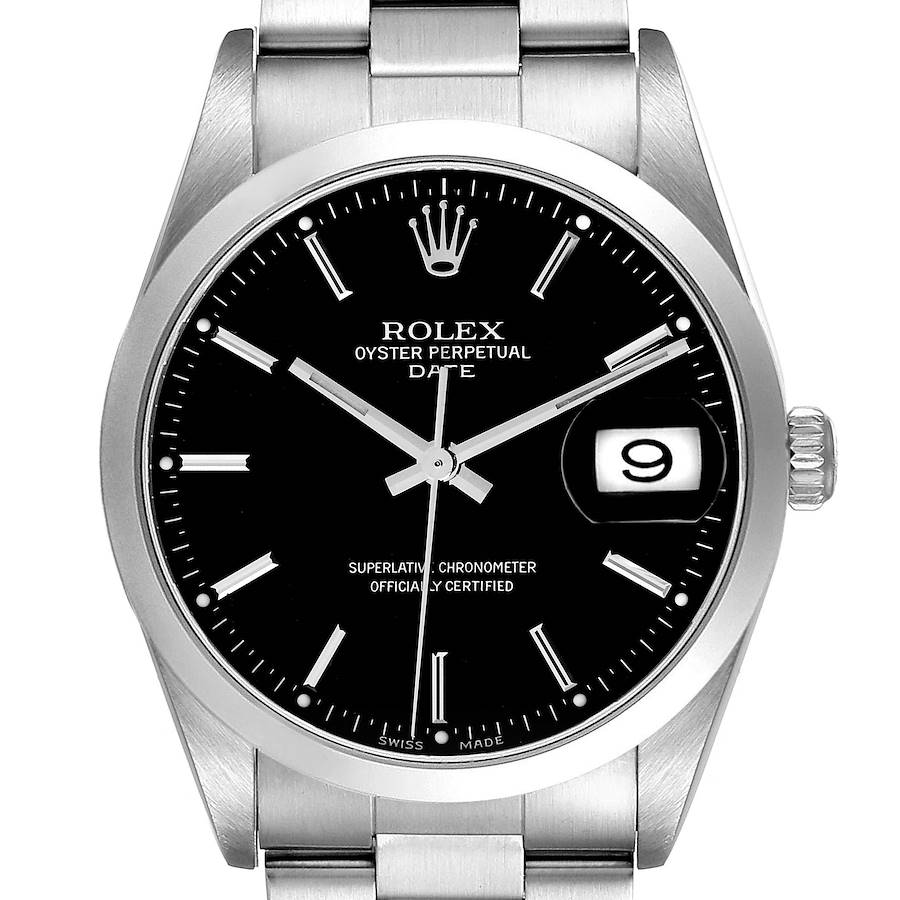 This image shows a front view of a Rolex Oyster Perpetual Date watch, highlighting the dial, hands, date window, and bracelet.
