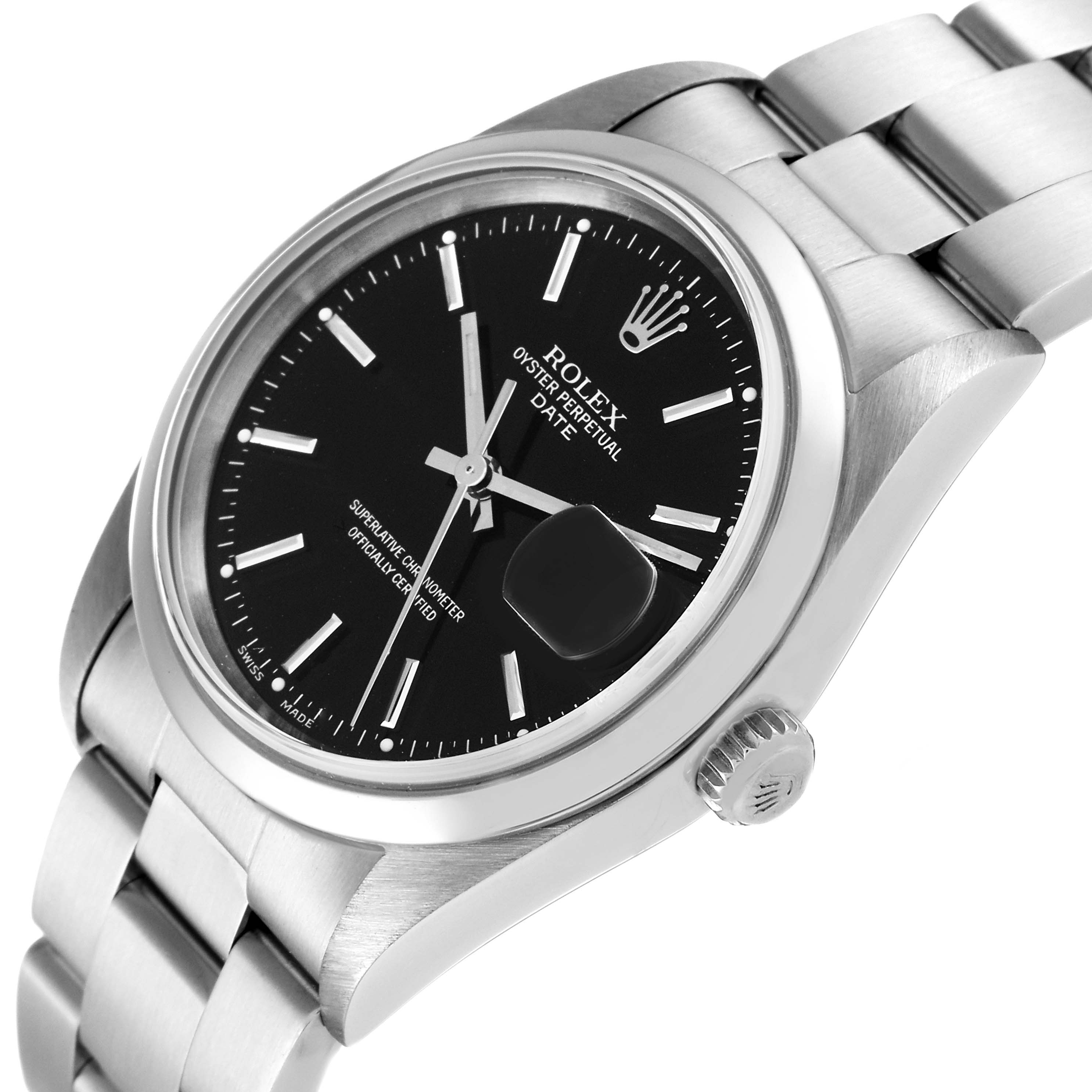 The image shows a Rolex Date 15200 Men's Stainless Steel Black Dial 15200 Men's Stainless Steel Black Dial watch at an angled view, highlighting the face, bezel, crown, and part of the bracelet.