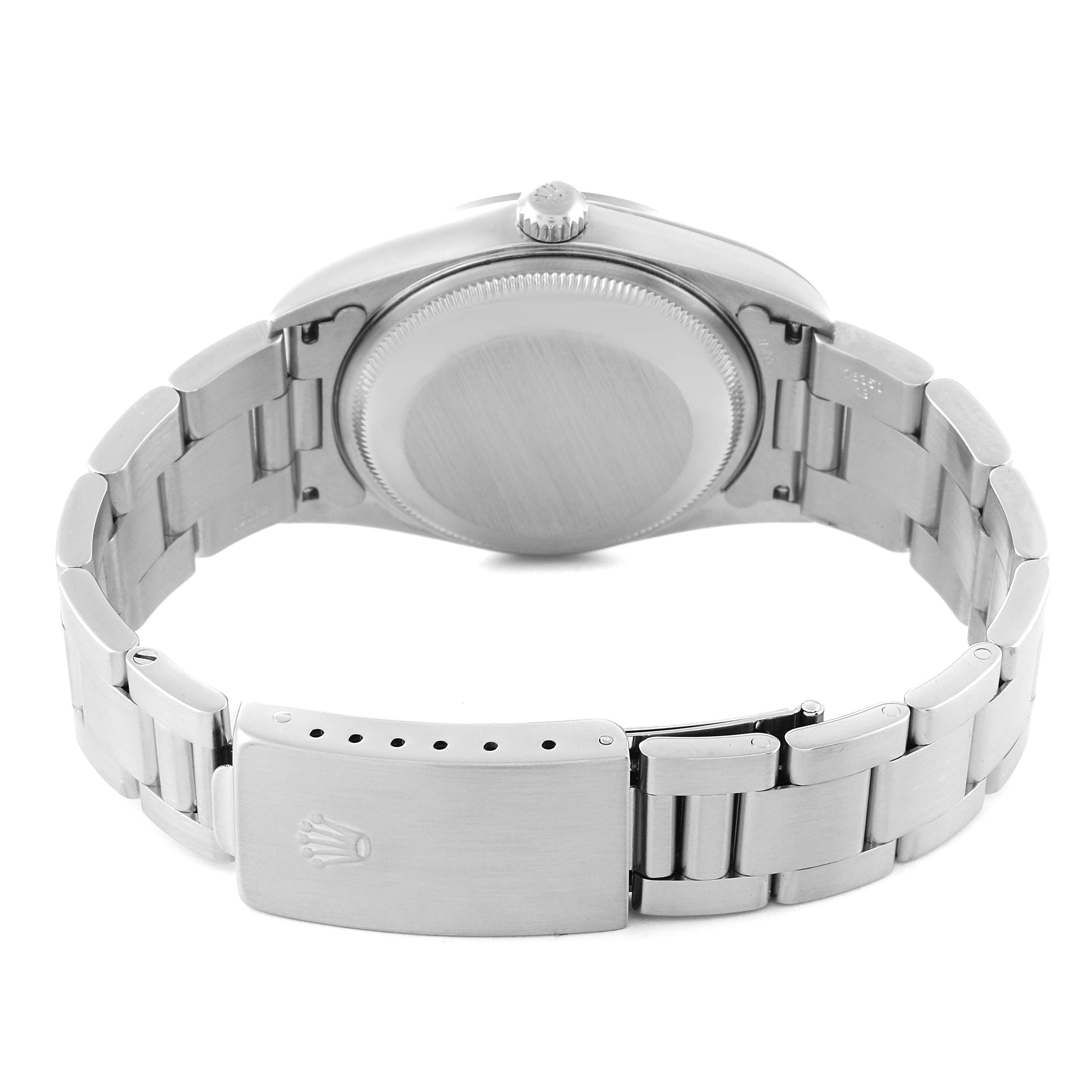 This image shows the back view of the Rolex Date 15200 Men's Stainless Steel Black Dial 15200 Men's Stainless Steel Black Dial model watch, including its clasp and bracelet links.