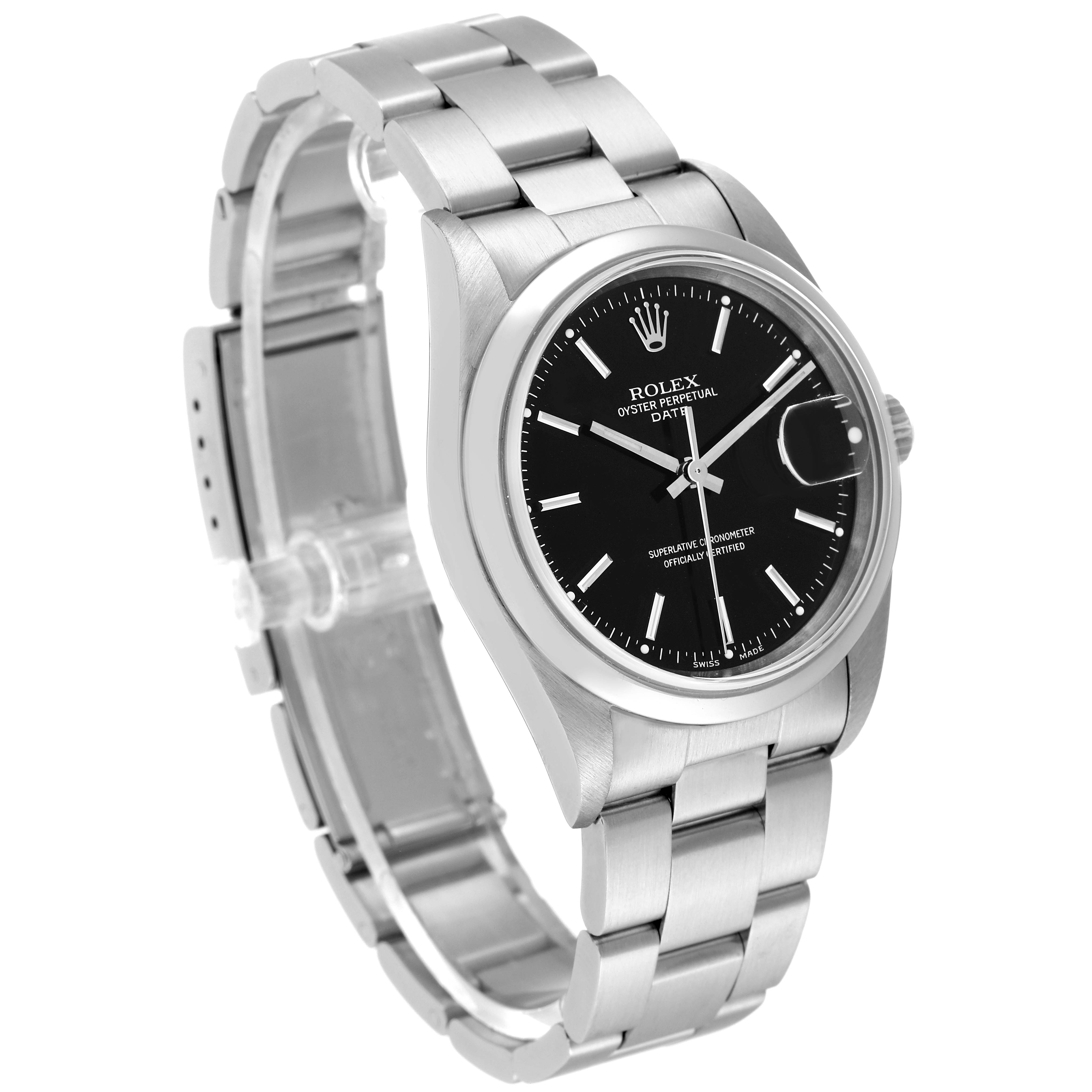 The image shows a Rolex Date 15200 Men's Stainless Steel Black Dial 15200 Men's Stainless Steel Black Dial model watch, angled to display the face, bezel, crown, and part of the bracelet.