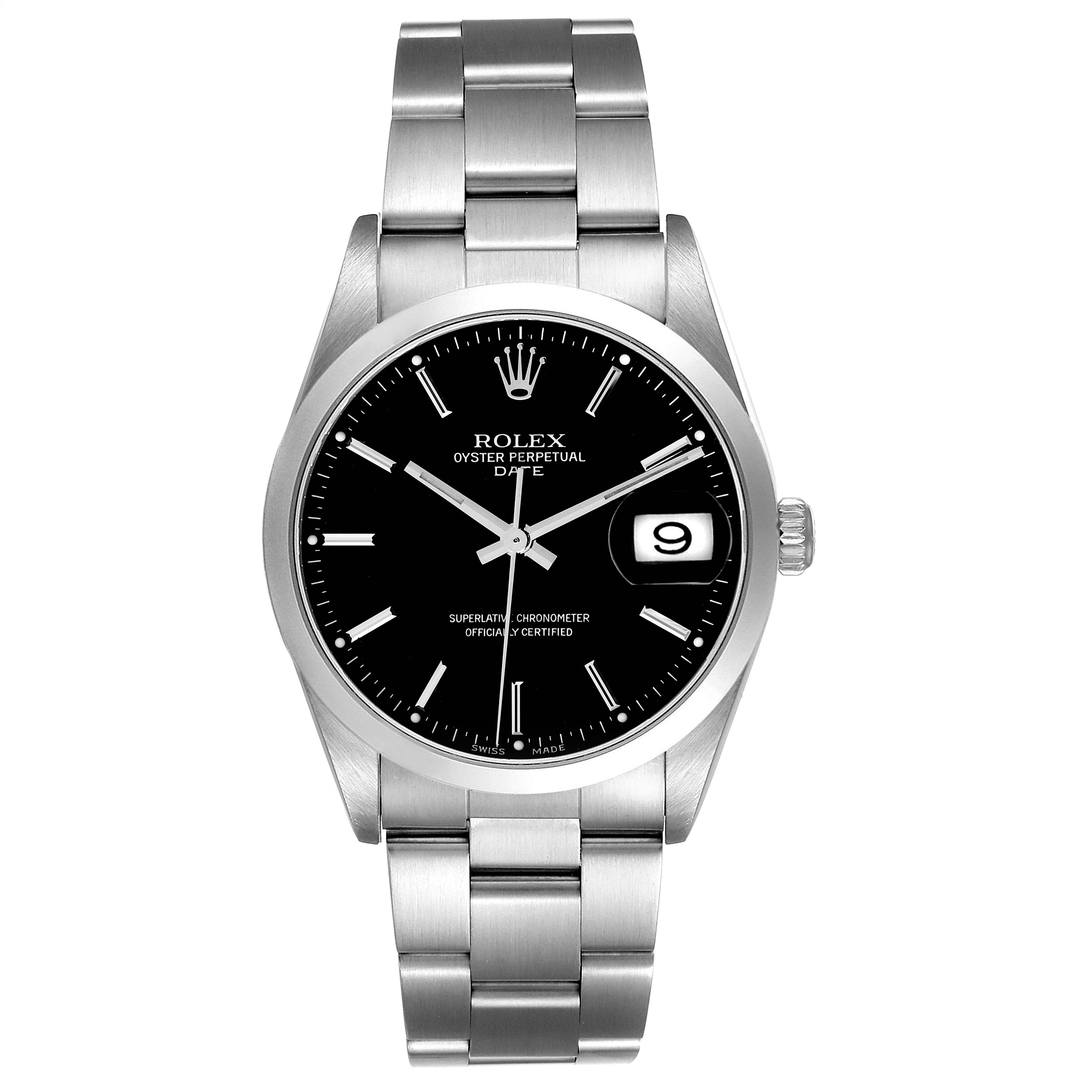 This is a front view of a Rolex Date 15200 Men's Stainless Steel Black Dial 15200 Men's Stainless Steel Black Dial model watch showing the dial, bracelet, crown, and date window.