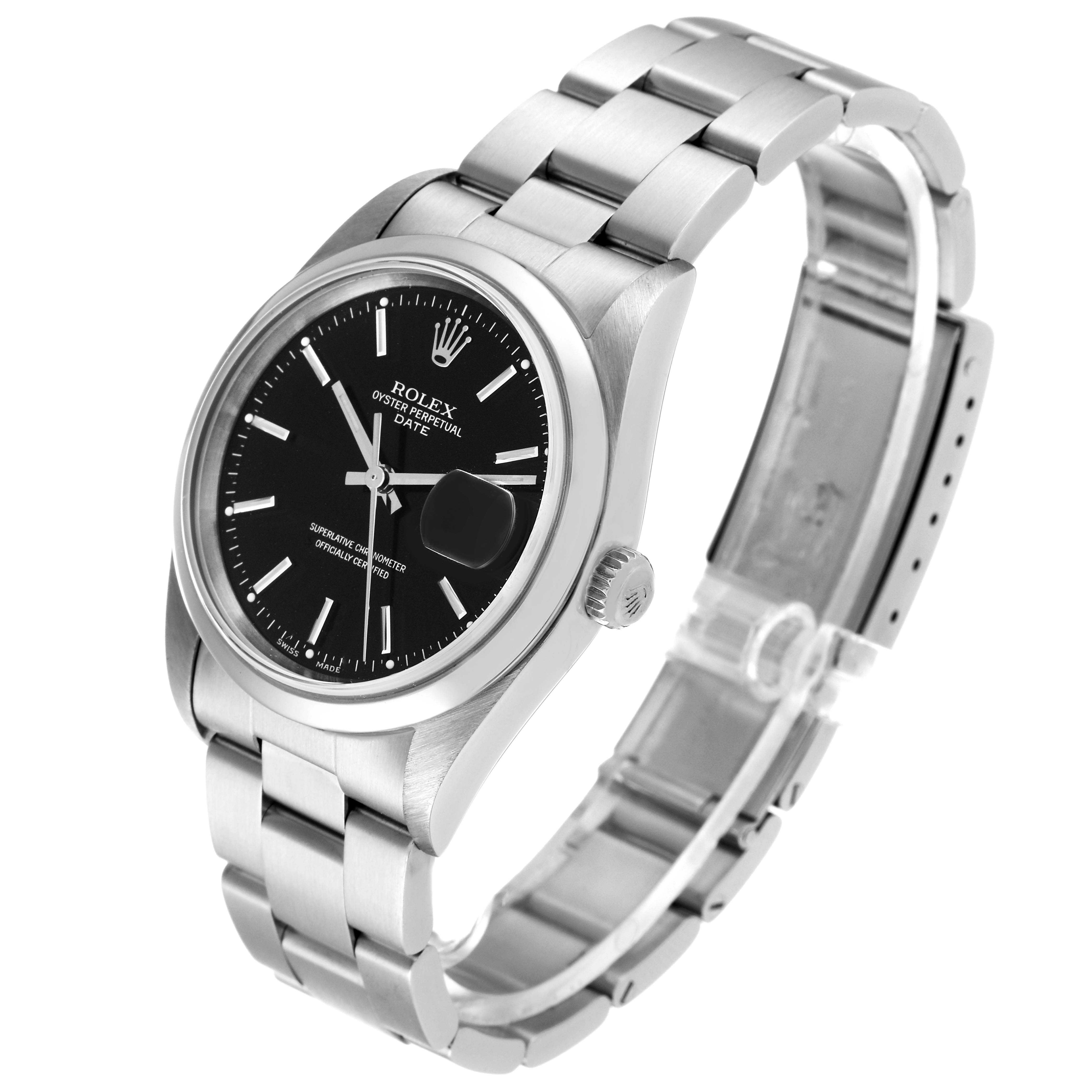 The Rolex Date 15200 Men's Stainless Steel Black Dial 15200 Men's Stainless Steel Black Dial model watch is shown at a slight angle, revealing the face, bezel, crown, and bracelet.