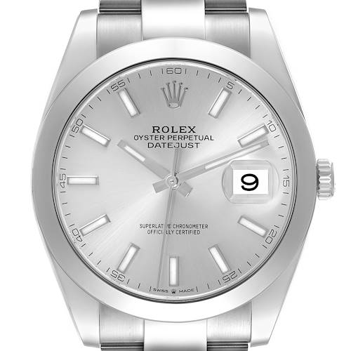 The Rolex Datejust 41 126300 Men's Stainless Steel Silver Dial 126300 Men's Stainless Steel Silver Dial is shown from a front angle, highlighting the dial, markers, bezel, and bracelet links.