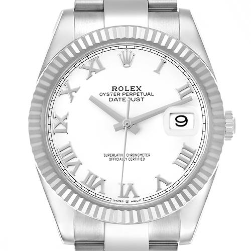 The image shows a front view of the Rolex Datejust 41 126334 Men's Stainless Steel White Dial 126334 Men's Stainless Steel White Dial, displaying its dial, bezel, hands, and crown.