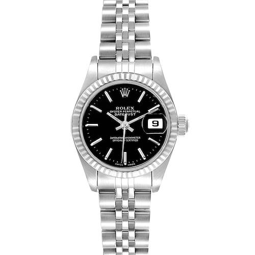 The Rolex Datejust 79174 Women's Stainless Steel Black Dial 79174 Women's Stainless Steel Black Dial watch is shown from the front, displaying the dial, bezel, bracelet, and date function.