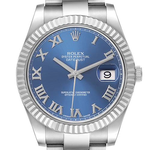 The Rolex Datejust 41 116334 Men's Stainless Steel Blue Dial 116334 Men's Stainless Steel Blue Dial watch is shown from a straight-on angle, highlighting the blue dial, Roman numerals, fluted bezel, and date window.
