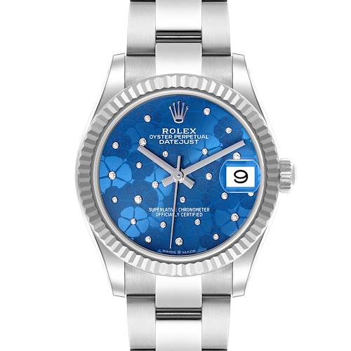 The Rolex Mid-Size 278274 Women's Stainless Steel Blue Dial 278274 Women's Stainless Steel Blue Dial model is shown from the front, highlighting the blue patterned dial, date, and bracelet.